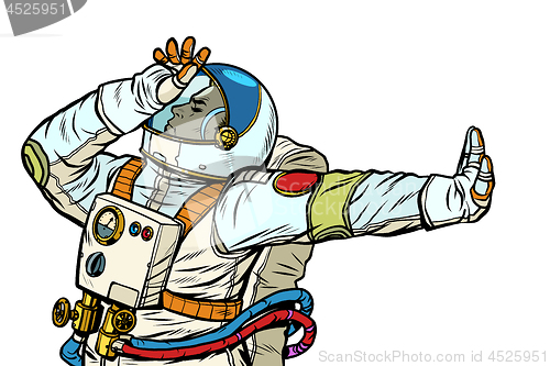 Image of Astronaut in a spacesuit. Gesture of denial, shame, no