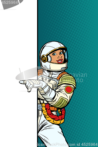 Image of african Girl woman astronaut. Point to copy space poster