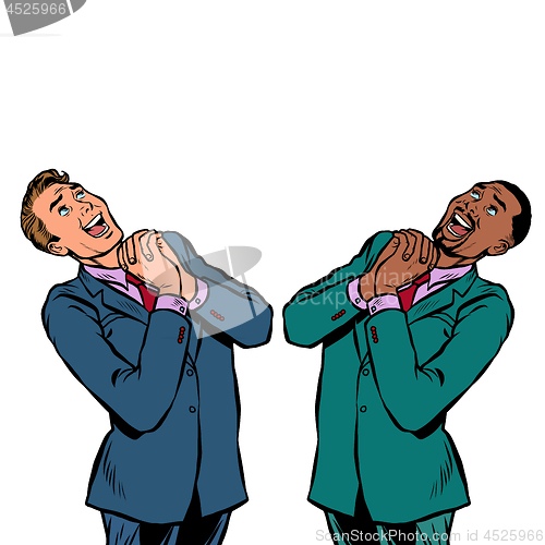 Image of happy two businessman African and Caucasian, joyful emotions