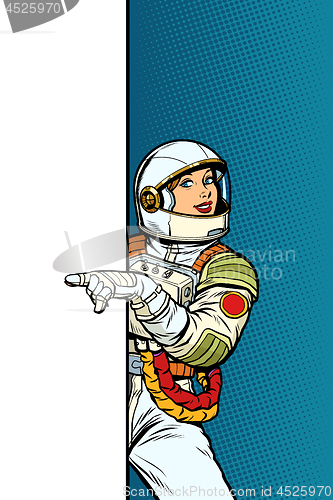 Image of Girl woman astronaut. Point to copy space poster