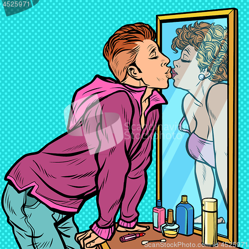 Image of a man kissing a woman reflected in the mirror, dream