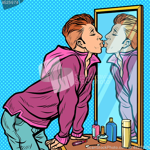 Image of a man kisses his own reflection, narcissism ego selfishness