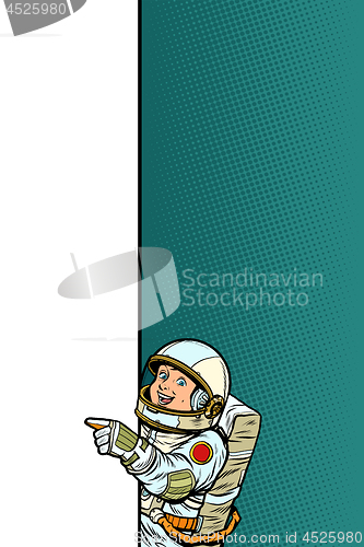 Image of boy child son astronaut. Point to copy space poster