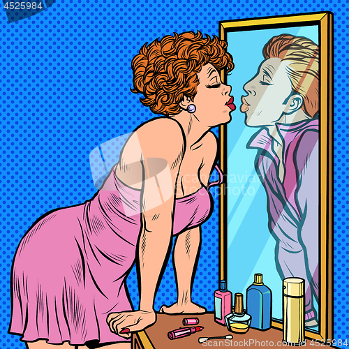 Image of a woman kisses a man, the reflection in the mirror, dream