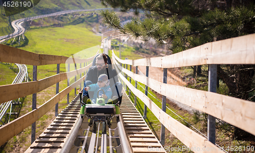 Image of young father and son driving alpine coaster