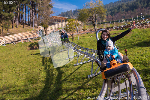 Image of young mother and son driving alpine coaster