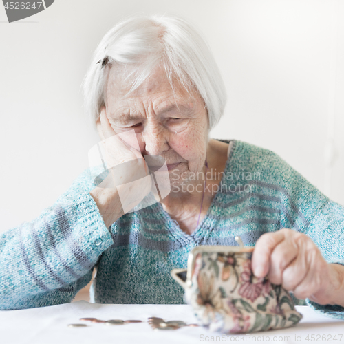 Image of Elderly woman sitting at the table counting money in her wallet.