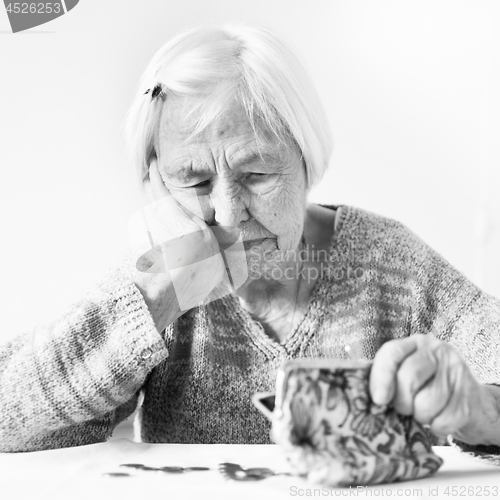 Image of Elderly woman sitting at the table counting money in her wallet.