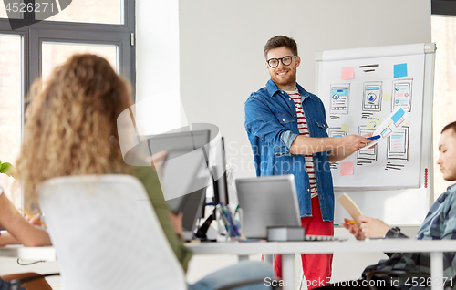 Image of creative man showing user interface at office