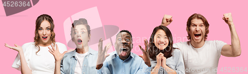 Image of Half-length close up portrait of young people on pink background.