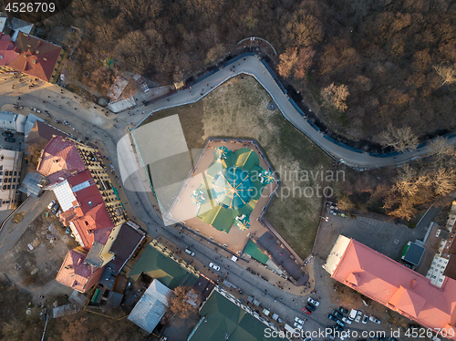 Image of St. Andrew\'s church aerial top view in city Kiev, Ukraine