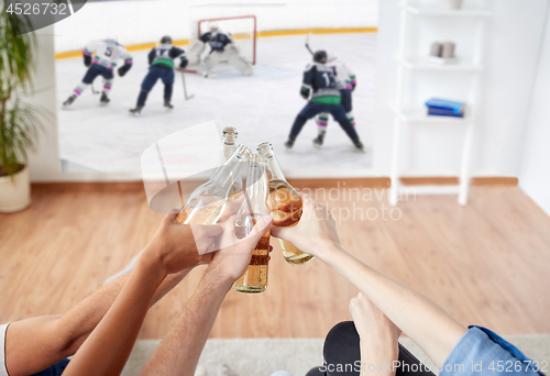 Image of friends watching ice hockey and drinking beer