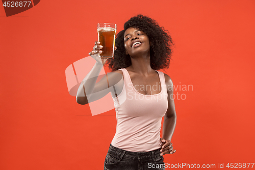 Image of Sexy young afro woman drinking beer, not isolated on white background