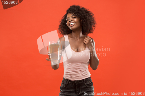 Image of Sexy young afro woman drinking beer, not isolated on white background