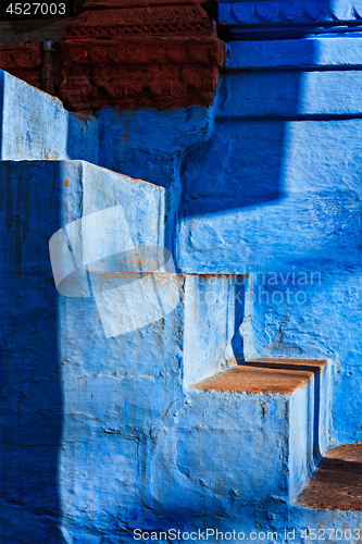 Image of Stairs of blue painted house in Jodhpur, also known as \"Blue Cit