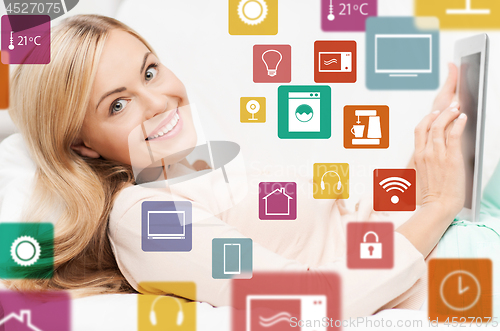 Image of woman with tablet computer and smart home icons