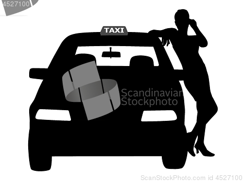 Image of Woman taxi driver standing next to the taxi car waiting for a passenger