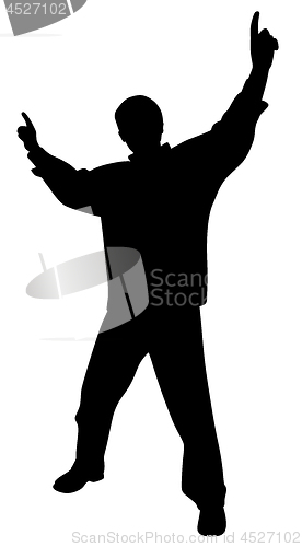 Image of Happy man celebrating victory or cheering with raised hands pointing fingers up