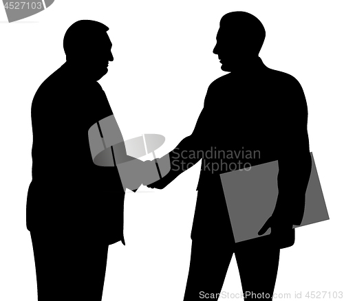 Image of Two businessmen shaking hands and one holding folder with contract