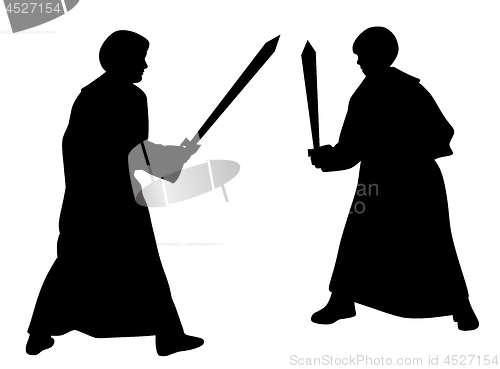 Image of Two kids sword fighting duel in medieval style costumes