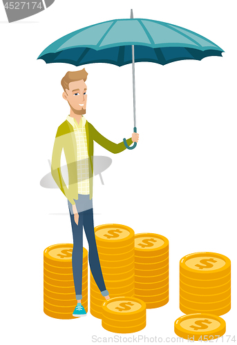 Image of Caucasian business insurance agent with umbrella.