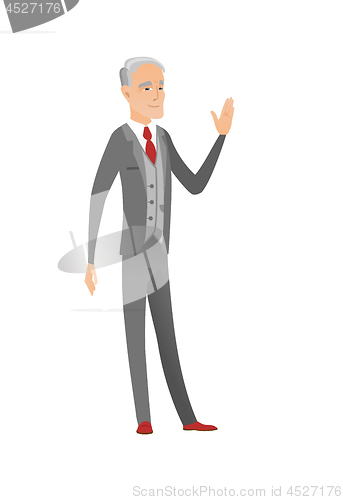 Image of Senior caucasian businessman waving hand.