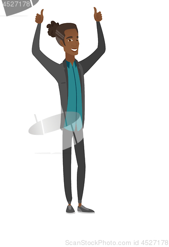Image of African businessman standing with raised arms up.