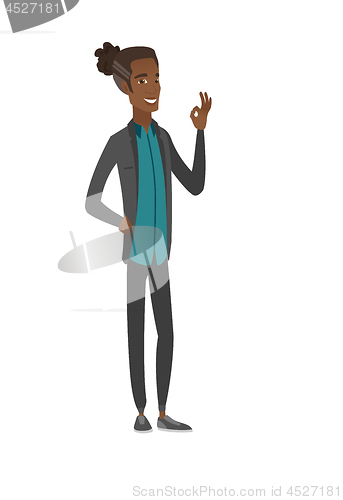 Image of Young african-american businessman showing ok sign