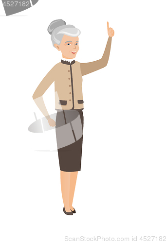 Image of Caucasian business woman pointing forefinger up.