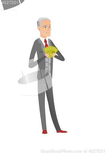 Image of Senior caucasian businessman holding money.