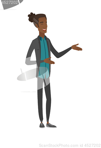 Image of Young african-american happy businessman gesturing