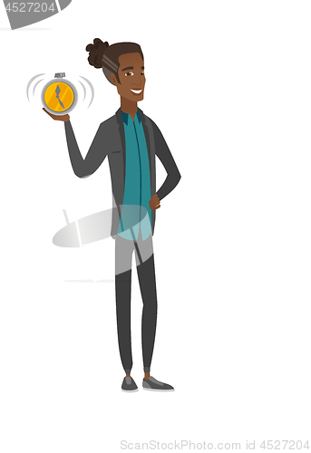 Image of African-american businessman holding alarm clock.