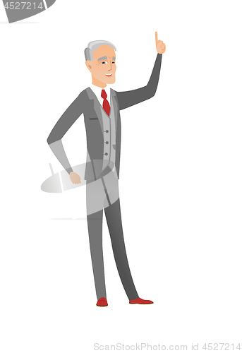 Image of Caucasian businessman pointing his forefinger up.