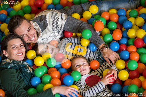 Image of parents and kids playing in the pool with colorful balls