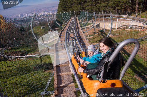 Image of young mother and son driving alpine coaster