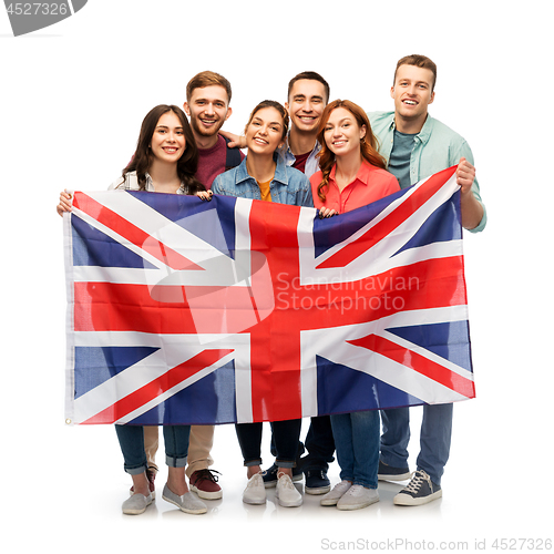 Image of group of smiling friends with british flag