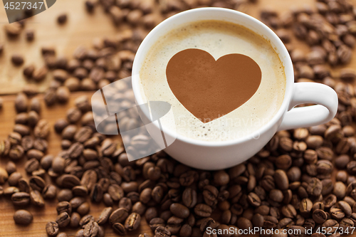 Image of coffee cup with heart and roasted beans