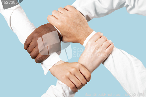 Image of Male and female hands holding isolated on blue studio background