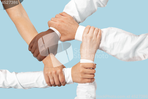 Image of Male and female hands holding isolated on blue studio background