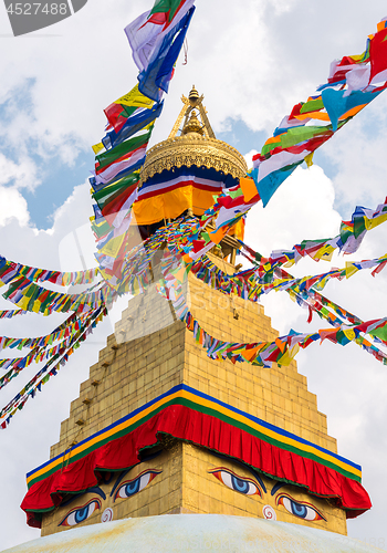 Image of Boudhanath Stupa and prayer flags in Kathmandu