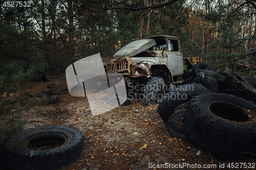 Image of Abandoned truck left outside at Chernobyl Fire station