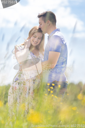 Image of Young happy pregnant couple hugging in nature.