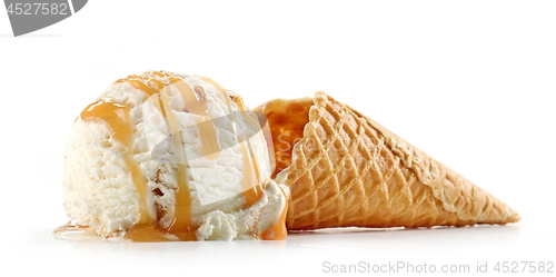 Image of ice cream and waffle cone on white backgrouns