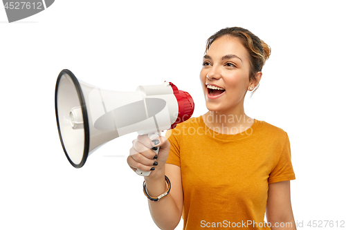 Image of young woman or teenage girl with megaphone