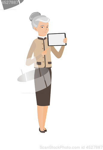 Image of Caucasian business woman holding tablet computer.