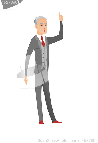 Image of Businessman with open mouth pointing finger up.