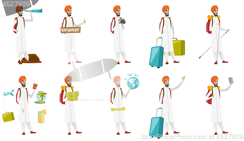 Image of Muslim traveler vector illustrations set.