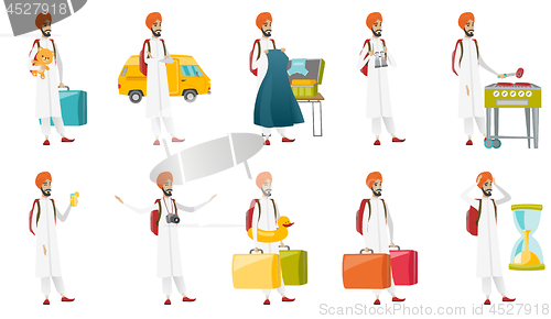 Image of Muslim traveler vector illustrations set.