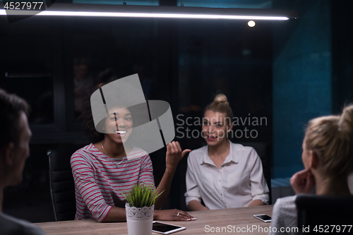Image of Multiethnic startup business team in night office
