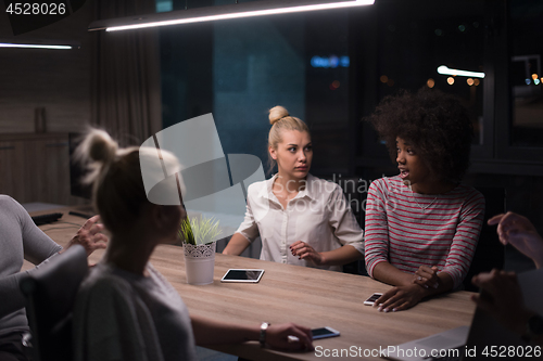 Image of Multiethnic startup business team in night office